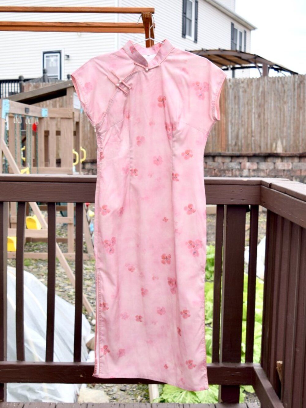Pink Flora  Printed Satin Qipao Long Dress - Chinese Cheongsam